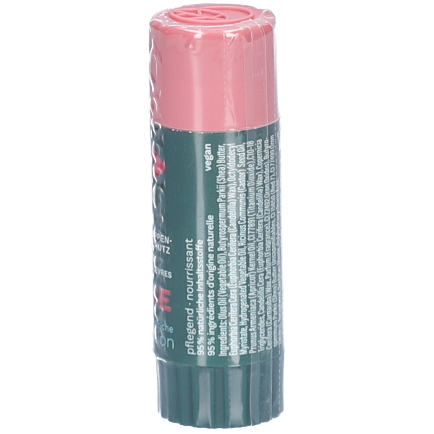 Lippenpflegestift mit rosafarbenem Deckel und grünem Etikett. Rückseite mit Text, Inhaltsstoffen und Vegan-Logo.