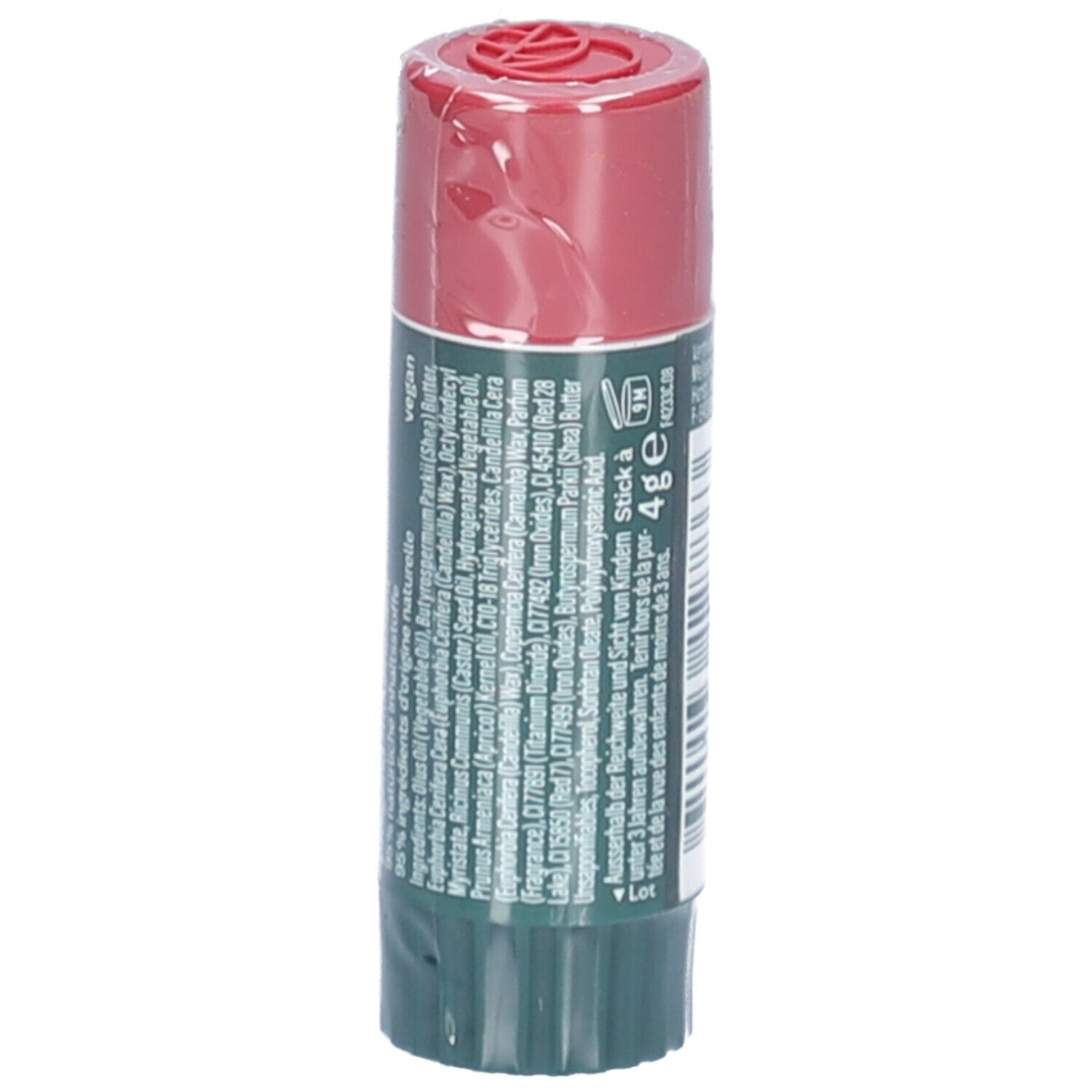 Stick lèvres Dermophil, rouge et vert. Dos avec ingrédients et texte. Emballé dans du film. Taille : 4g.