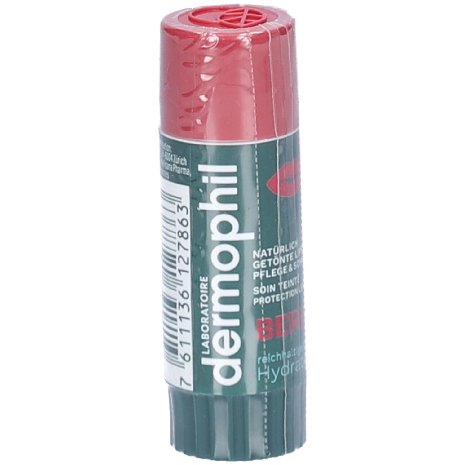 Stick lèvres Dermophil, rouge et vert. Inscription : "dermo phil", "Berry", "Hydratation". Emballé dans du film plastique.