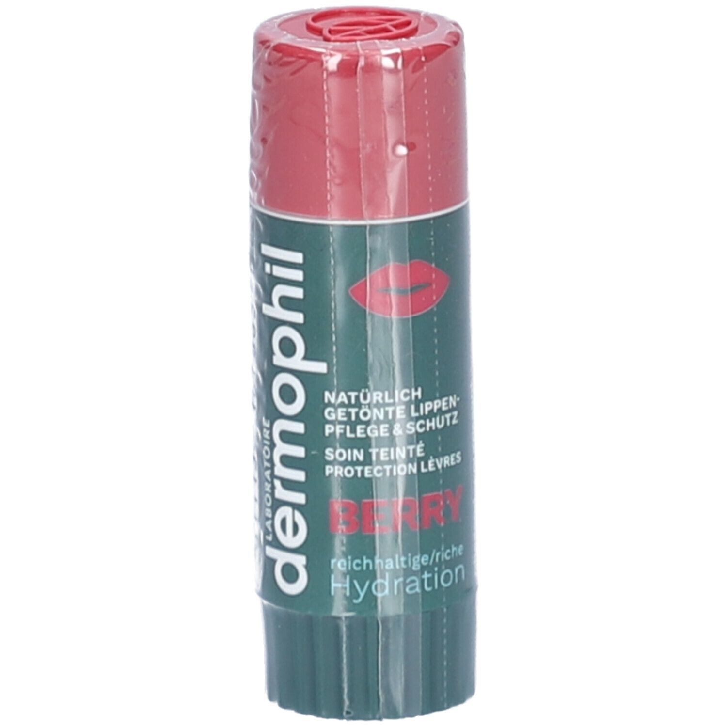 Stick lèvres Dermophil, rouge et vert. Inscription : "dermo phil", "Berry", "Hydratation". Emballé dans du film plastique.