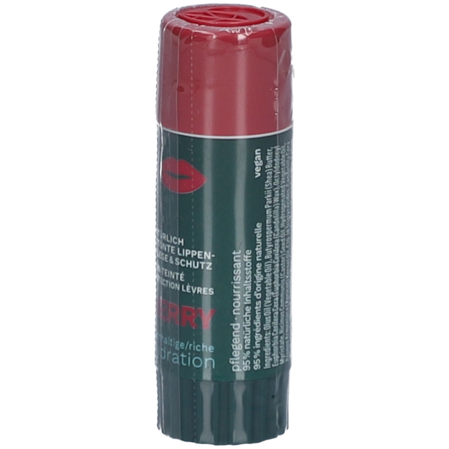 Stick lèvres Dermophil, rouge et vert. Inscription : "dermo phil", "Berry", "Hydratation", "vegan". Emballé.
