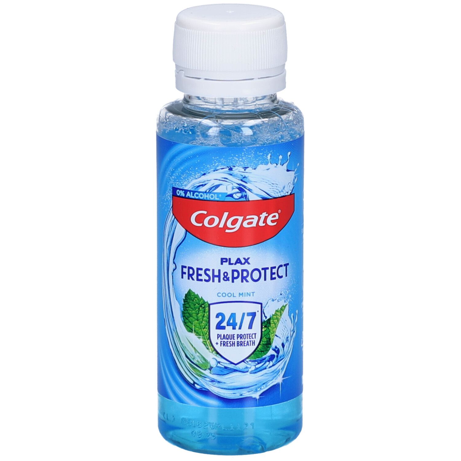 Bain de bouche en bouteille transparente avec bouchon blanc. Inscription: Colgate Plax Fresh & Protect Cool Mint. Protection 24h/7j.