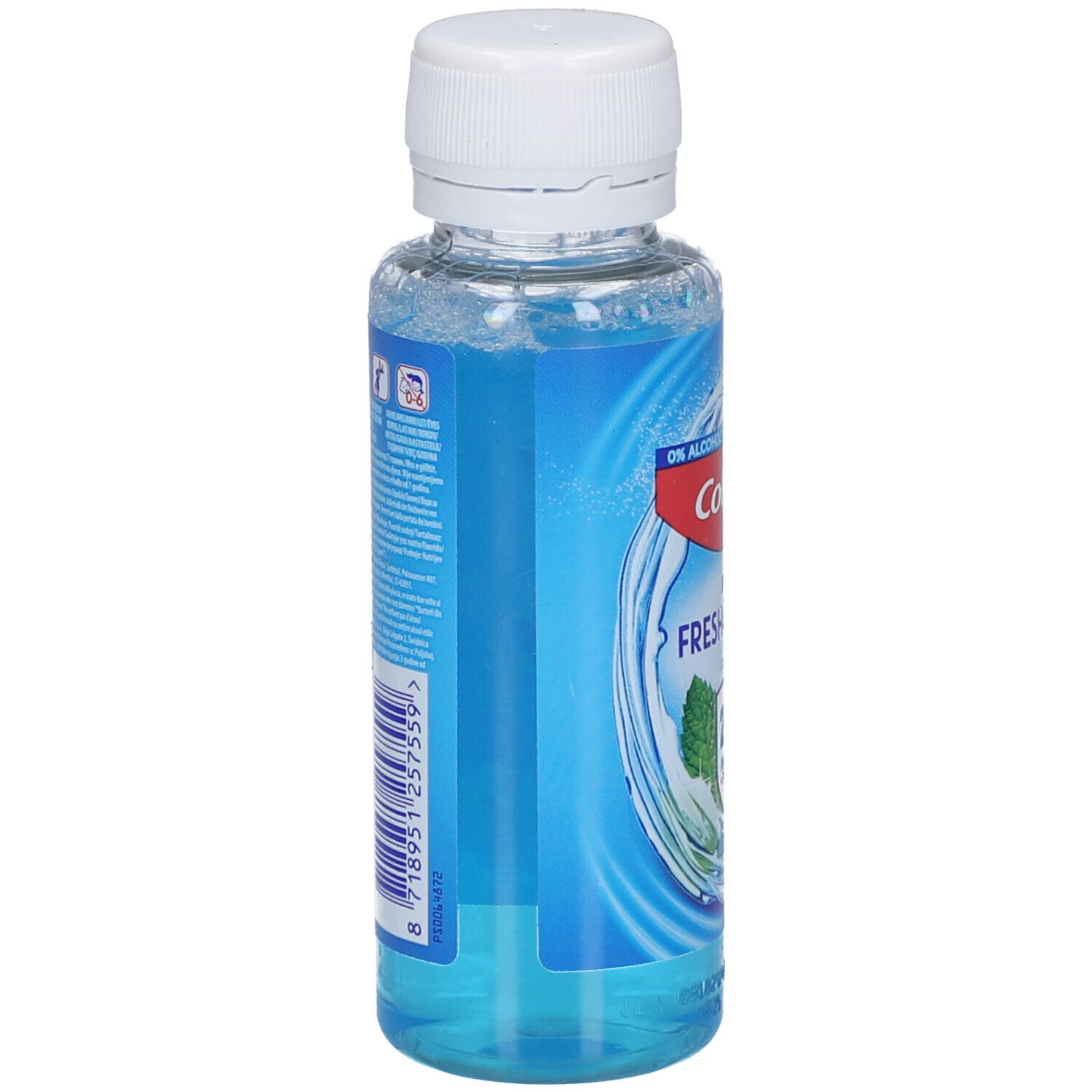 Dos de la bouteille de bain de bouche. Graphique bleu avec texte et code-barres. Inscription: Colgate Plax Fresh & Protect.