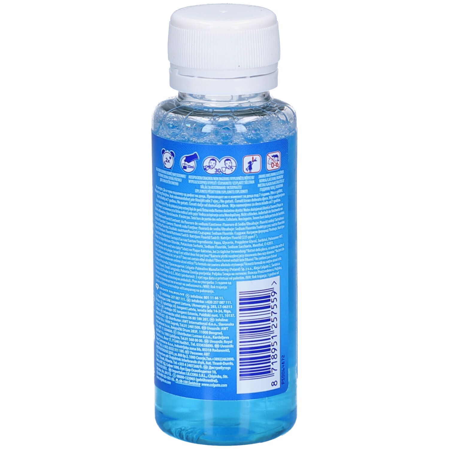 Dos de la bouteille de bain de bouche avec texte. Liquide bleu dans une bouteille transparente avec bouchon blanc.