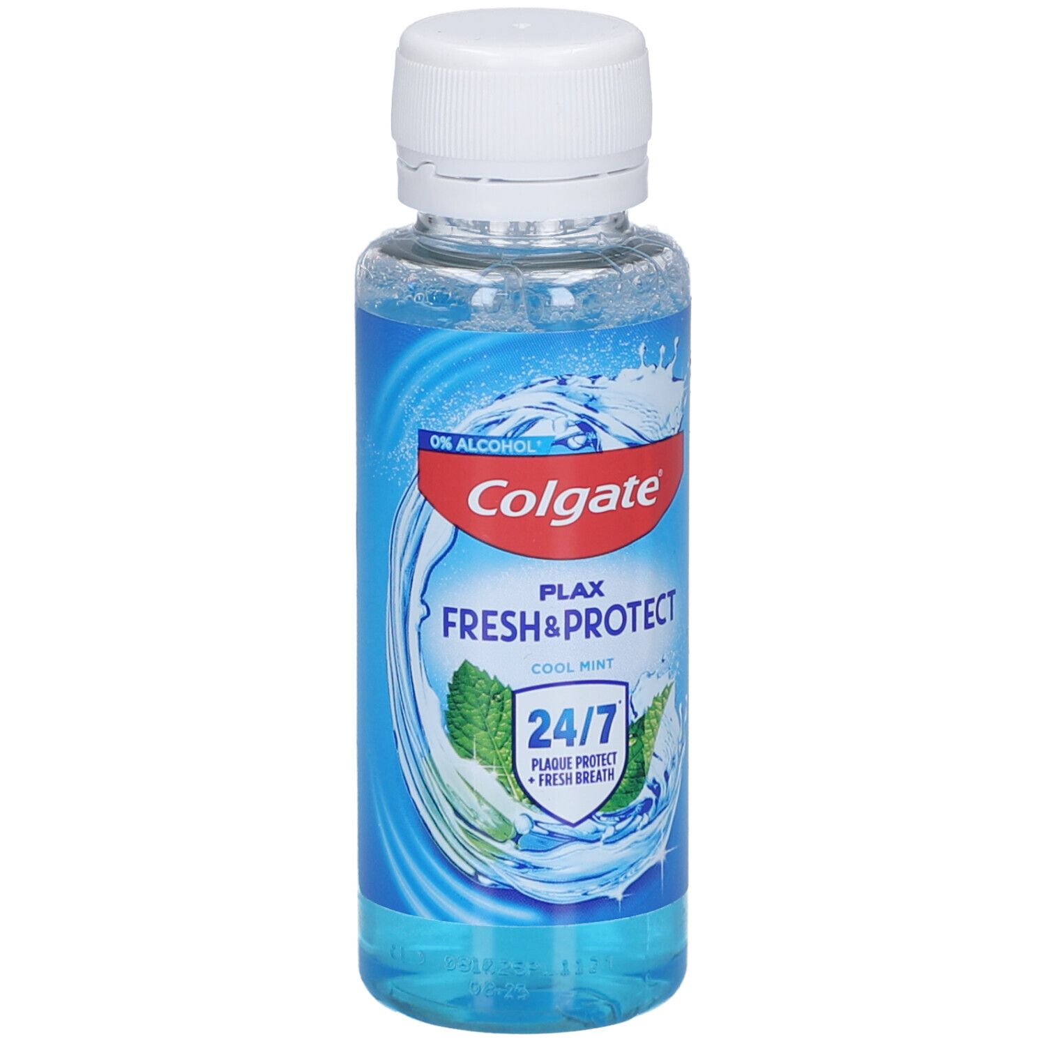 Bain de bouche en bouteille transparente avec bouchon blanc. Inscription: Colgate Plax Fresh & Protect Cool Mint. Protection 24/7.