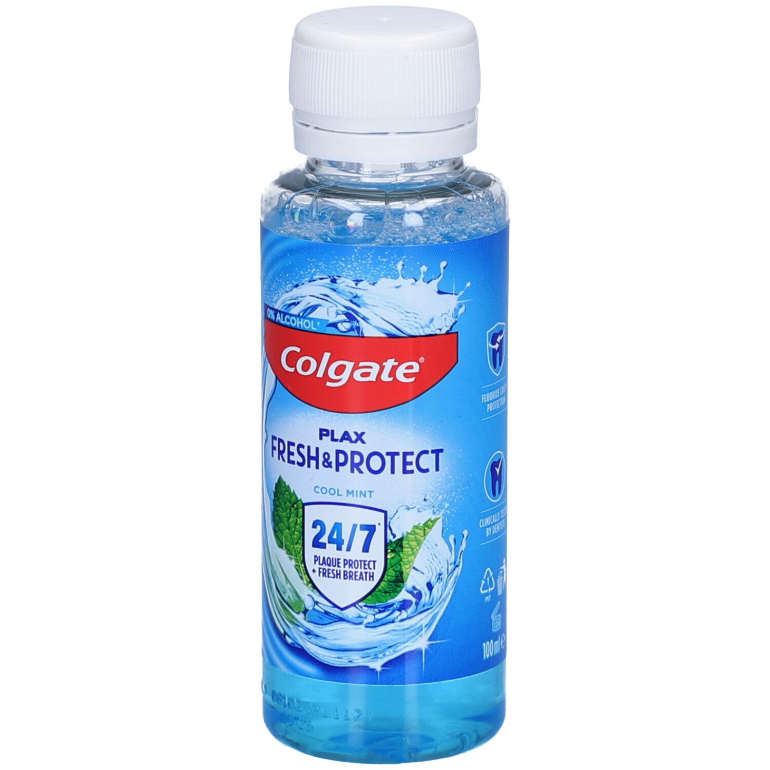 Bain de bouche en bouteille transparente avec bouchon blanc. Inscription: Colgate Plax Fresh & Protect Cool Mint. Protection 24/7.