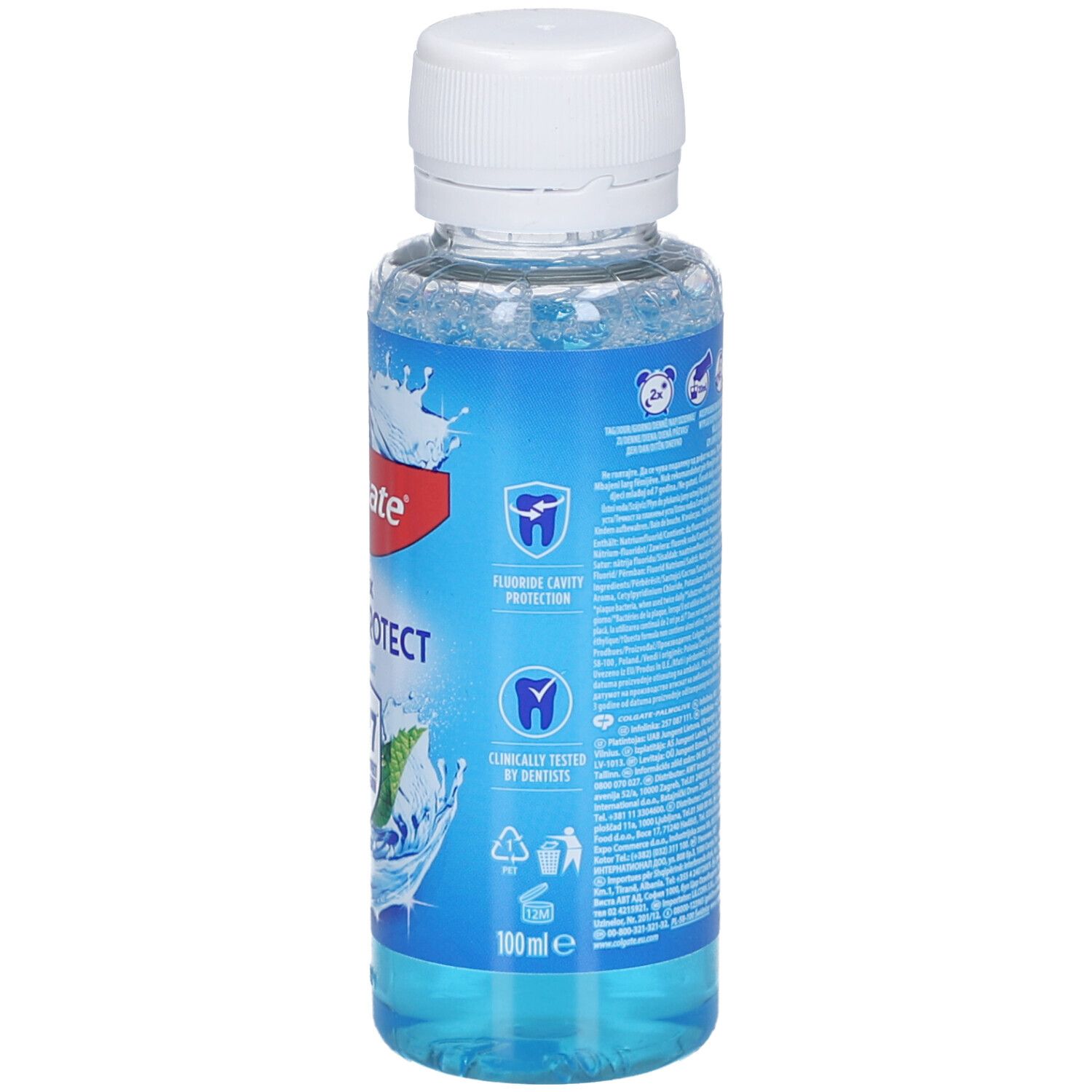 Bouteille de bain de bouche avec bouchon blanc. Inscription: Colgate Plax Fresh & Protect. 100ml. Symboles de protection dentaire et recyclage.
