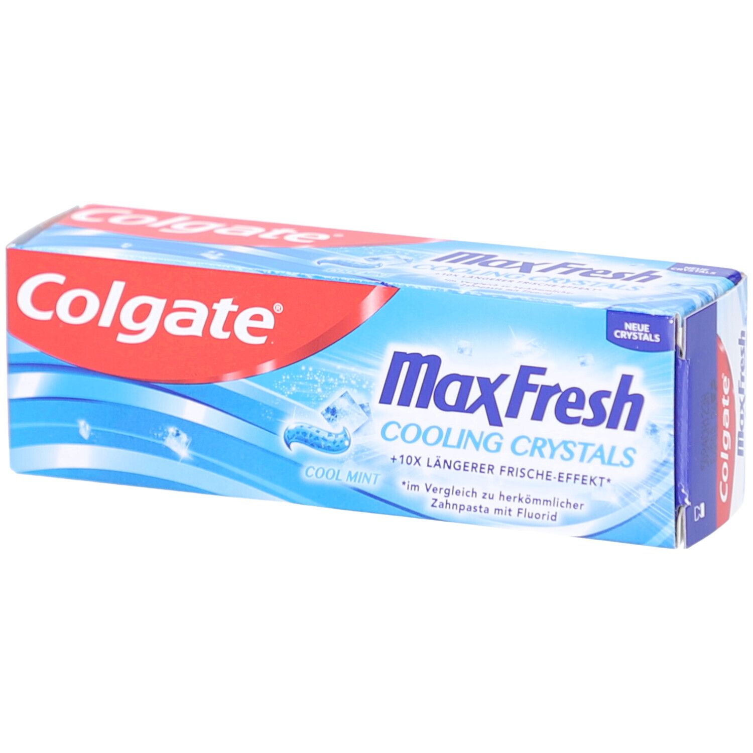 Emballage de dentifrice Colgate Max Fresh. Logo rouge, texte bleu et motifs de cristaux rafraîchissants.