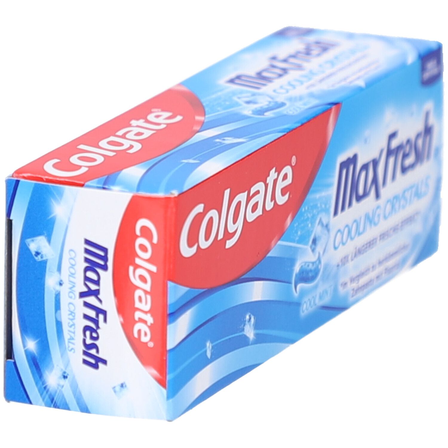Boîte de dentifrice Colgate Max Fresh en biais. Logo rouge, texte bleu et motifs de cristaux.