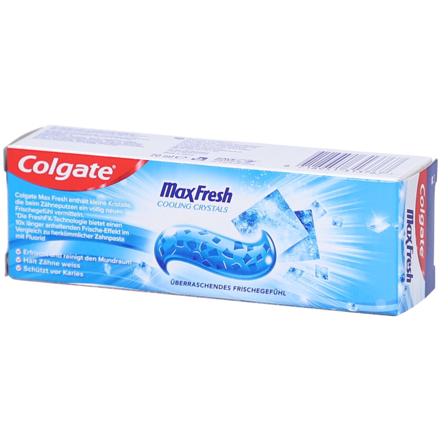 Emballage de dentifrice Colgate Max Fresh. Bleu, texte et graphiques de cristaux rafraîchissants.