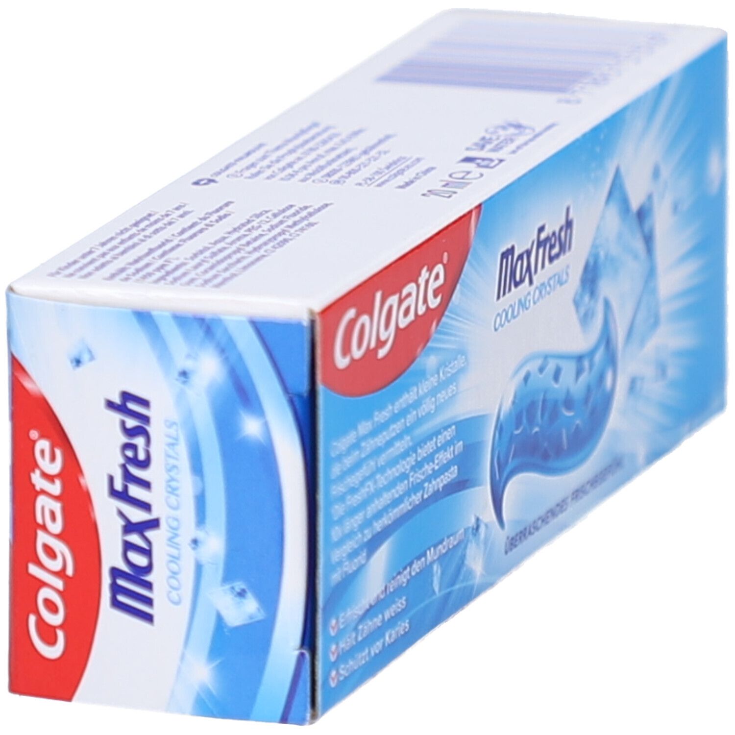 Boîte de dentifrice Colgate Max Fresh en biais. Bleu, texte et cristaux.