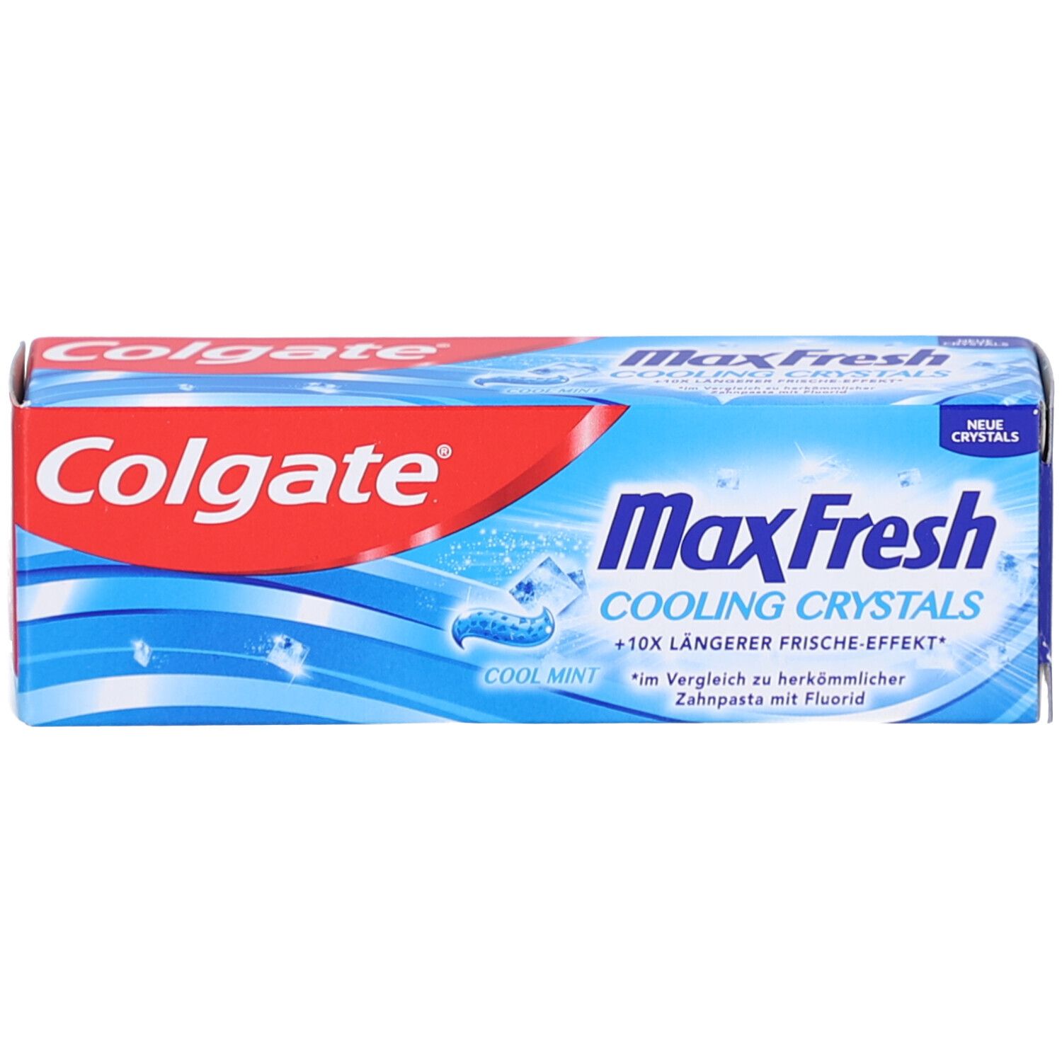 Emballage de dentifrice Colgate Max Fresh. Logo rouge, texte bleu et motifs de cristaux rafraîchissants.