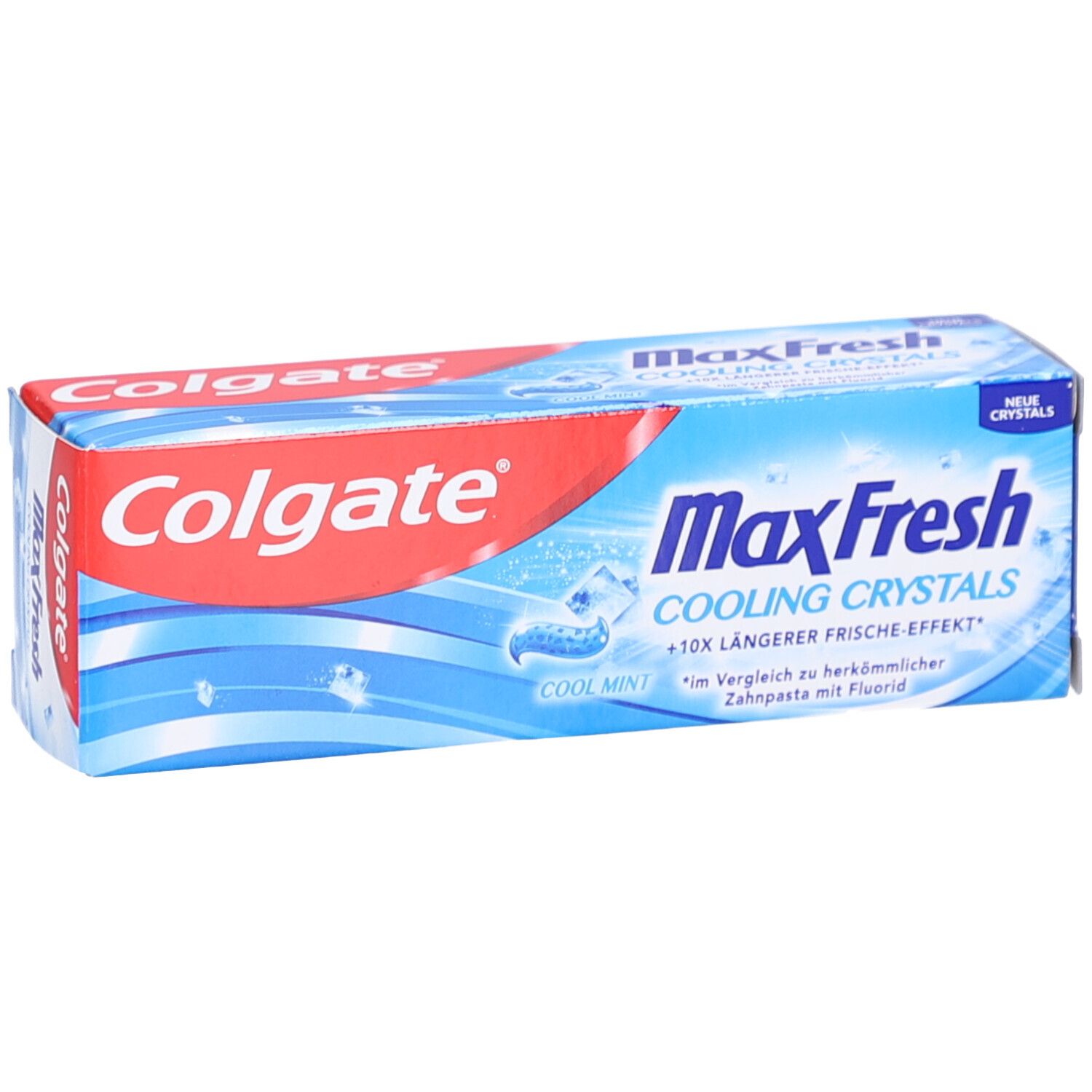 Emballage de dentifrice Colgate Max Fresh. Logo rouge, texte bleu et motifs de cristaux rafraîchissants.