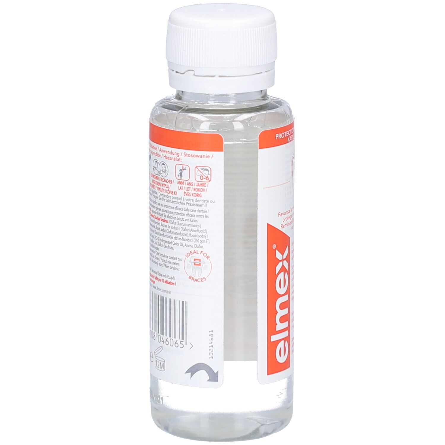 Vue arrière de la bouteille. Étiquette avec texte et code-barres. Symbole de flèche.