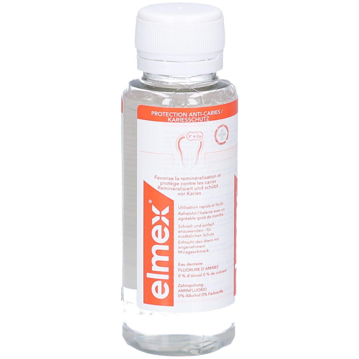 Liquide clair en flacon à bouchon blanc. Étiquette rouge avec nom et texte du produit. Symbole dentaire.