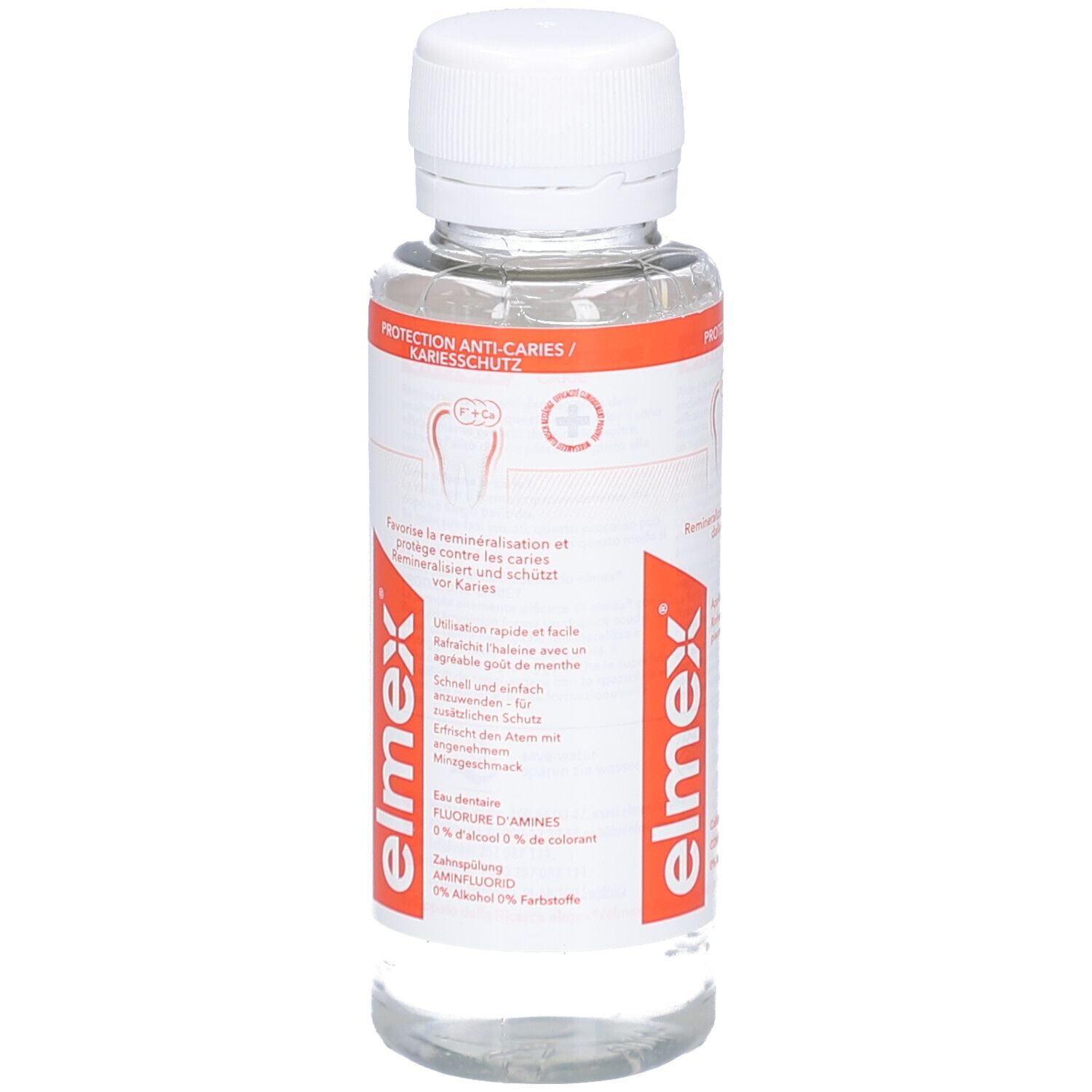 Liquide clair en flacon à bouchon blanc. Étiquette rouge avec nom et texte du produit. Symbole dentaire.