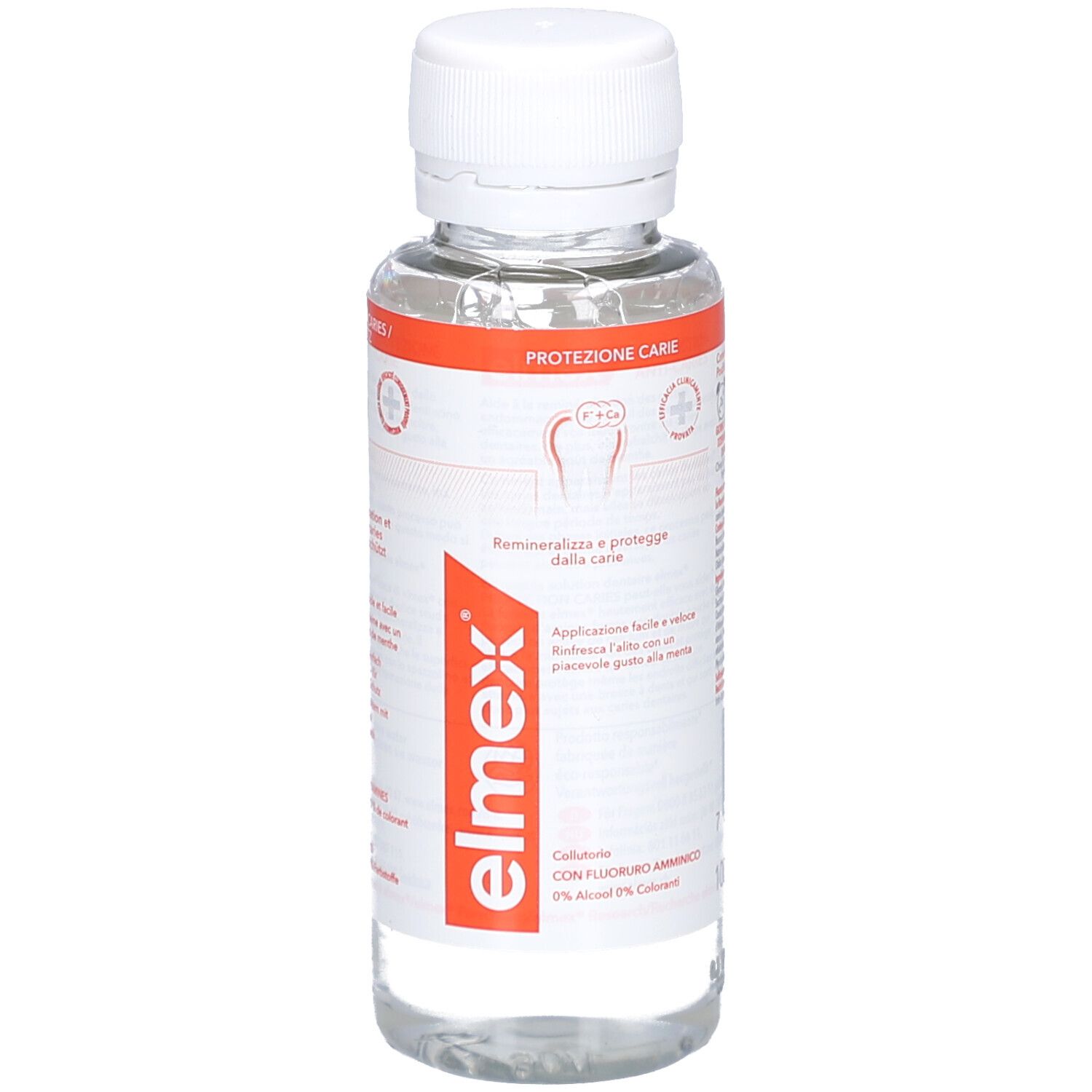 Liquide clair en flacon à bouchon blanc. Étiquette rouge avec nom et texte du produit. Symbole dentaire.