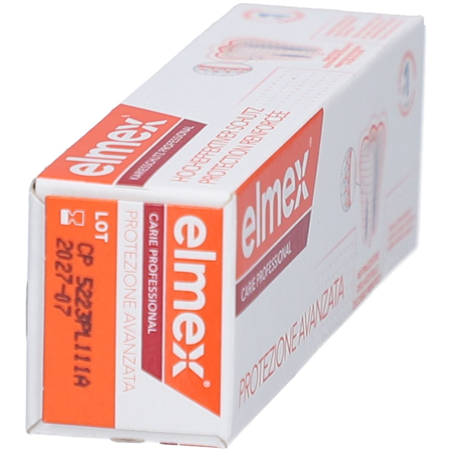 Emballage avec logo Elmex et nom du produit. Zone orange avec numéro de lot et date de péremption.