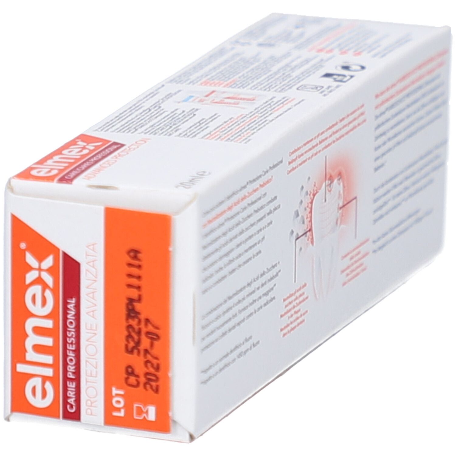 Emballage avec logo Elmex et nom du produit. Zone orange avec numéro de lot et date de péremption.