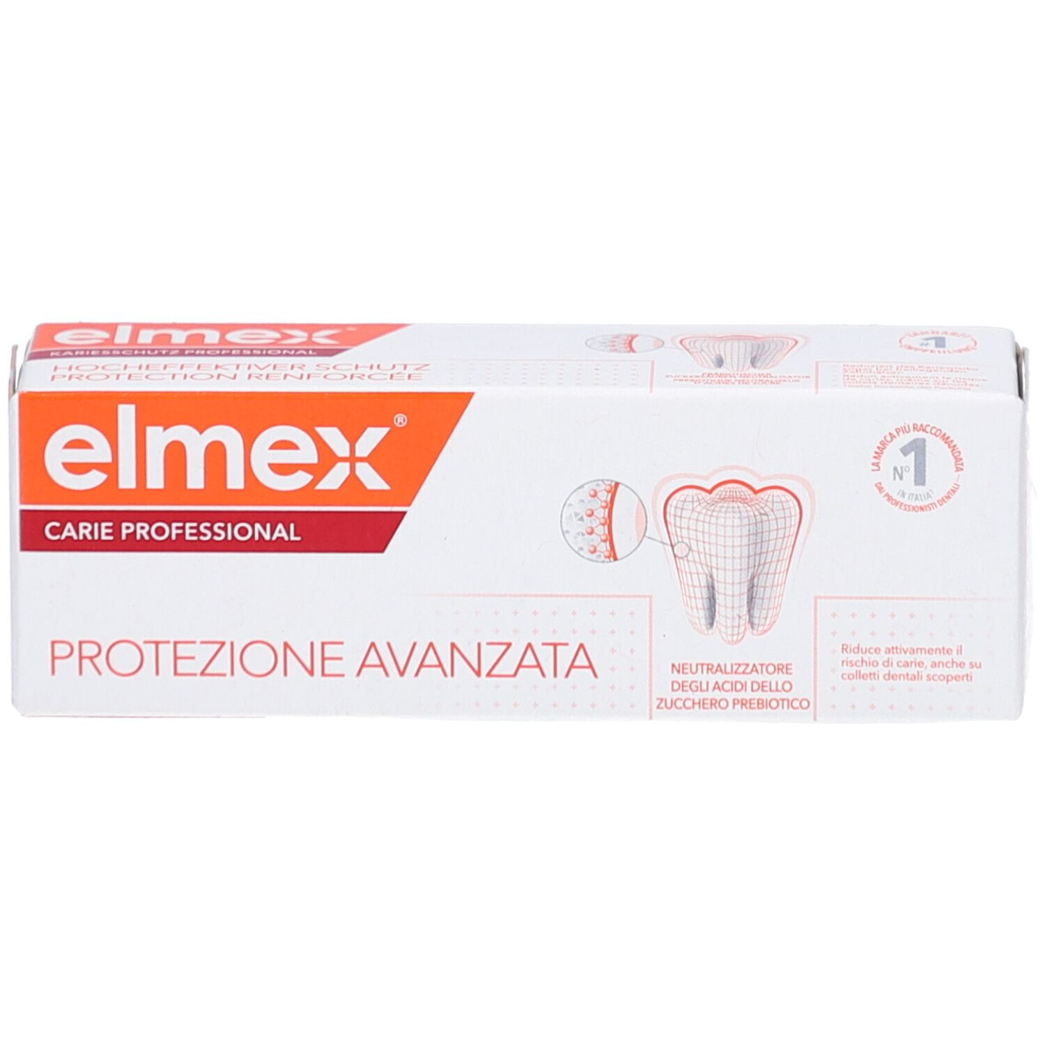 Emballage blanc avec texte rouge et orange. Logo Elmex et nom du produit. Illustration d'une dent.