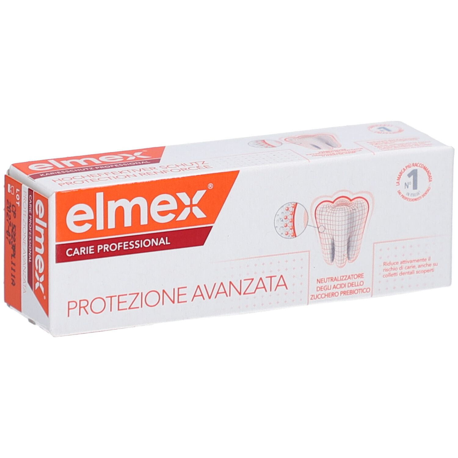 Emballage blanc avec texte rouge et orange. Logo Elmex et nom du produit. Illustration d'une dent.