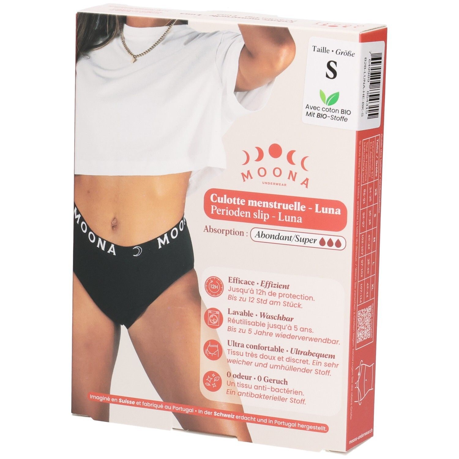 Verpackung einer schwarzen Menstruationsunterhose, Größe S, mit starker Saugfähigkeit.