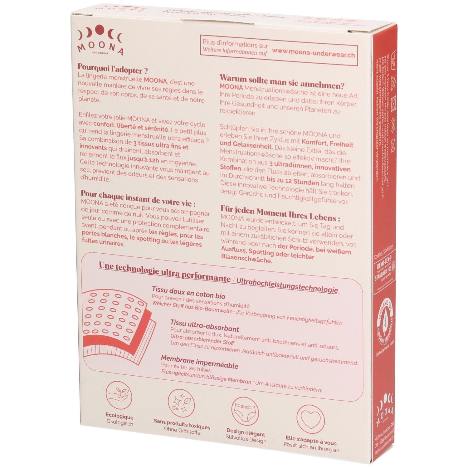 Rückseite der MOONA-Verpackung. Text in Deutsch. Informationen zur Menstruationsunterwäsche. Illustrationen der Technologie und Materialien.