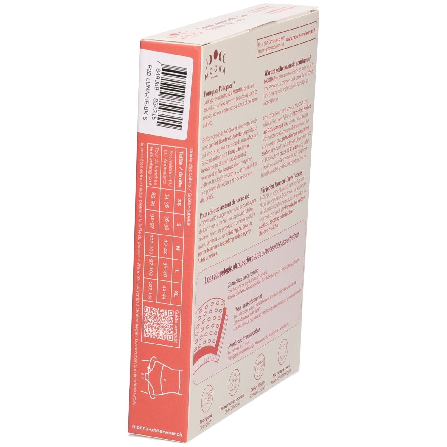 Verpackung der MOONA Menstruationsslip Luna. Text in Deutsch. Größentabelle. QR-Code. Illustration der Unterwäsche.