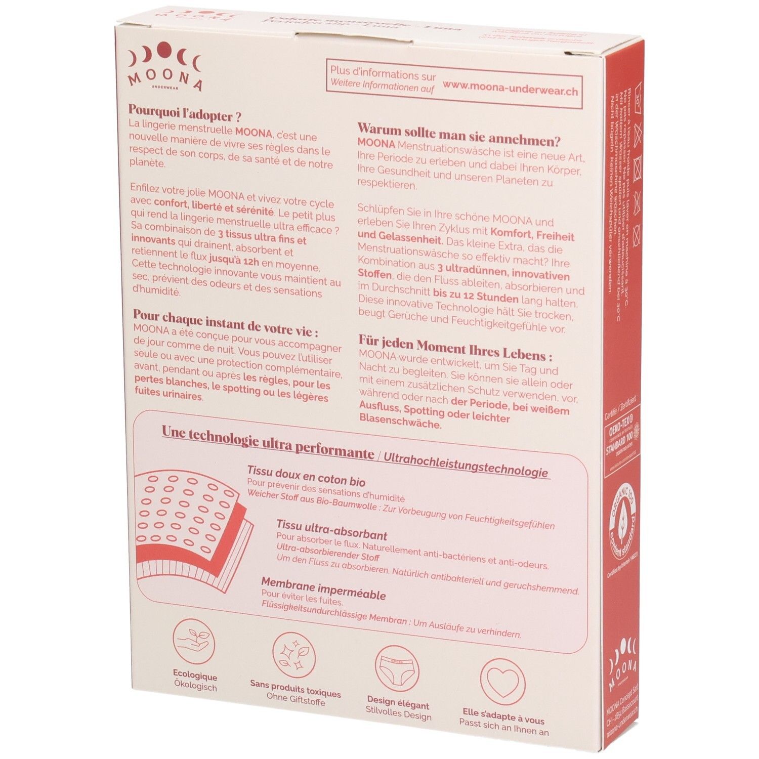 Rückseite der Verpackung. Text: MOONA, Culotte menstruelle - Luna, Perioden slip - Luna. Informationen zur Technologie und Anwendung.