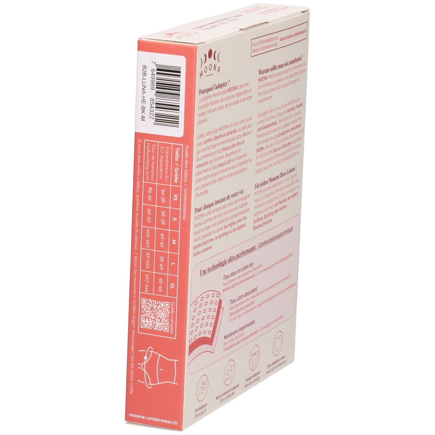 Seite der Verpackung. Text: MOONA, Größenangaben, QR-Code. Informationen zur Technologie und Anwendung.