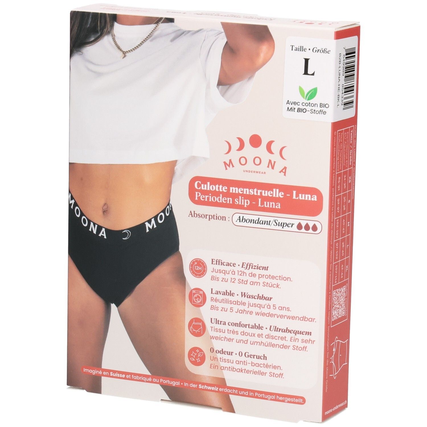 Verpackung mit schwarzem MOONA Menstruationsslip Luna, Größe L. Aufdrucke: Marke, Produktname, Größe, Saugstärke, Bio-Baumwolle.