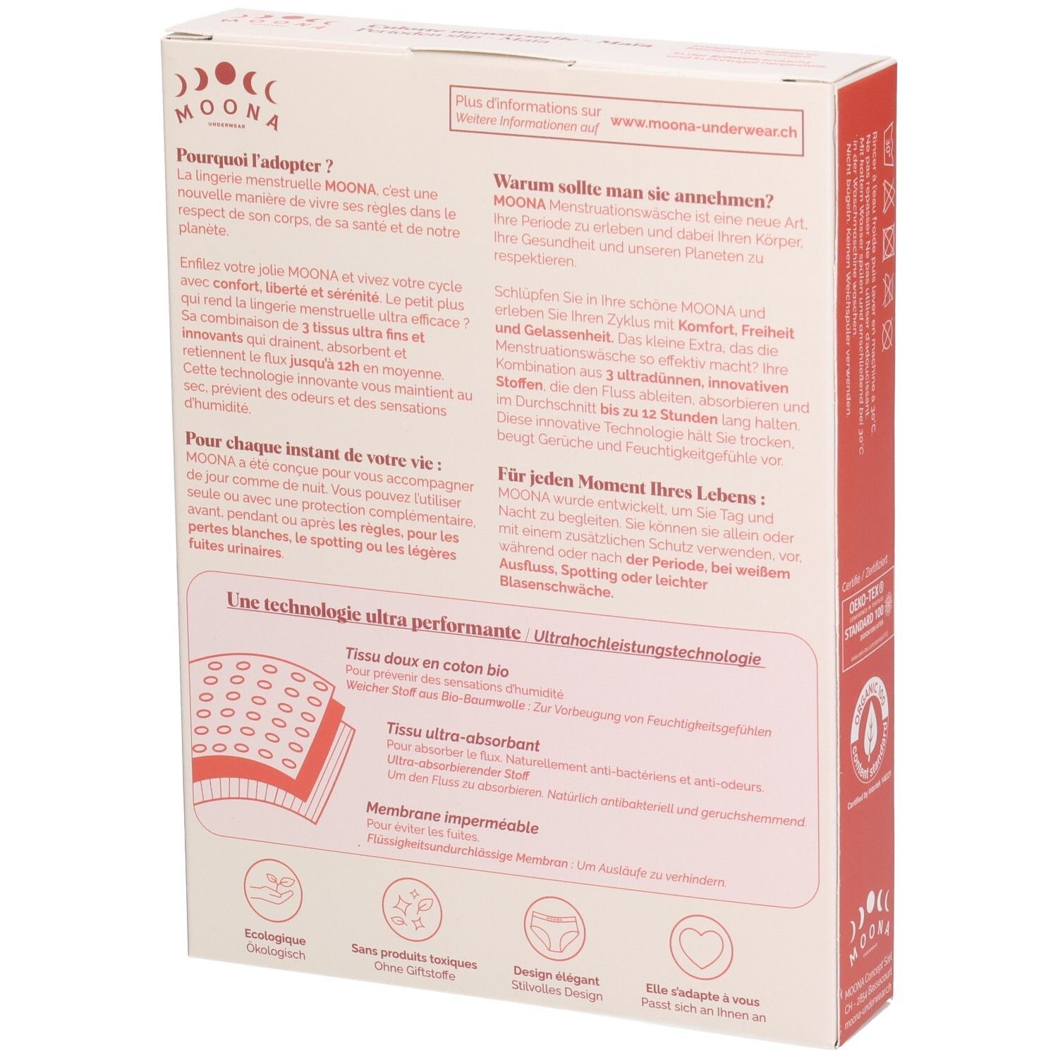 MOONA Menstruationsslip Maïa, Verpackung. Rückseite. Text: Informationen zum Produkt, Vorteile, Technologie.