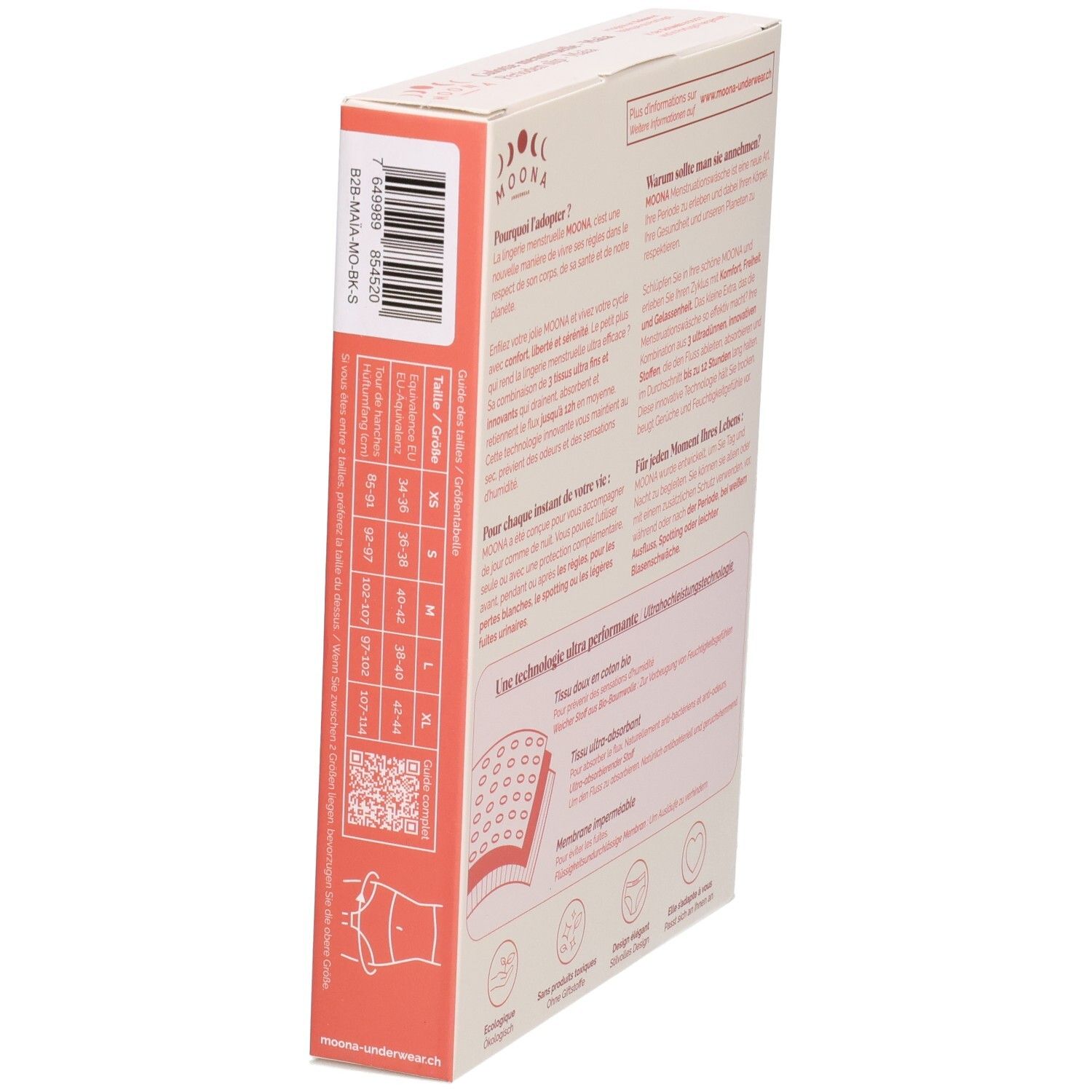 MOONA Menstruationsslip Maïa, Verpackung. Seitenansicht. Größentabelle. Text: Maße, Größen.