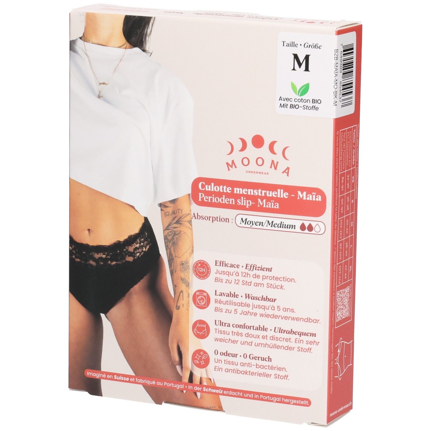 MOONA Menstruationsslip Maïa in Verpackung. Größe M. Schwarzer Slip mit Spitze. Aufdrucke: Marke, Produktname, Eigenschaften.