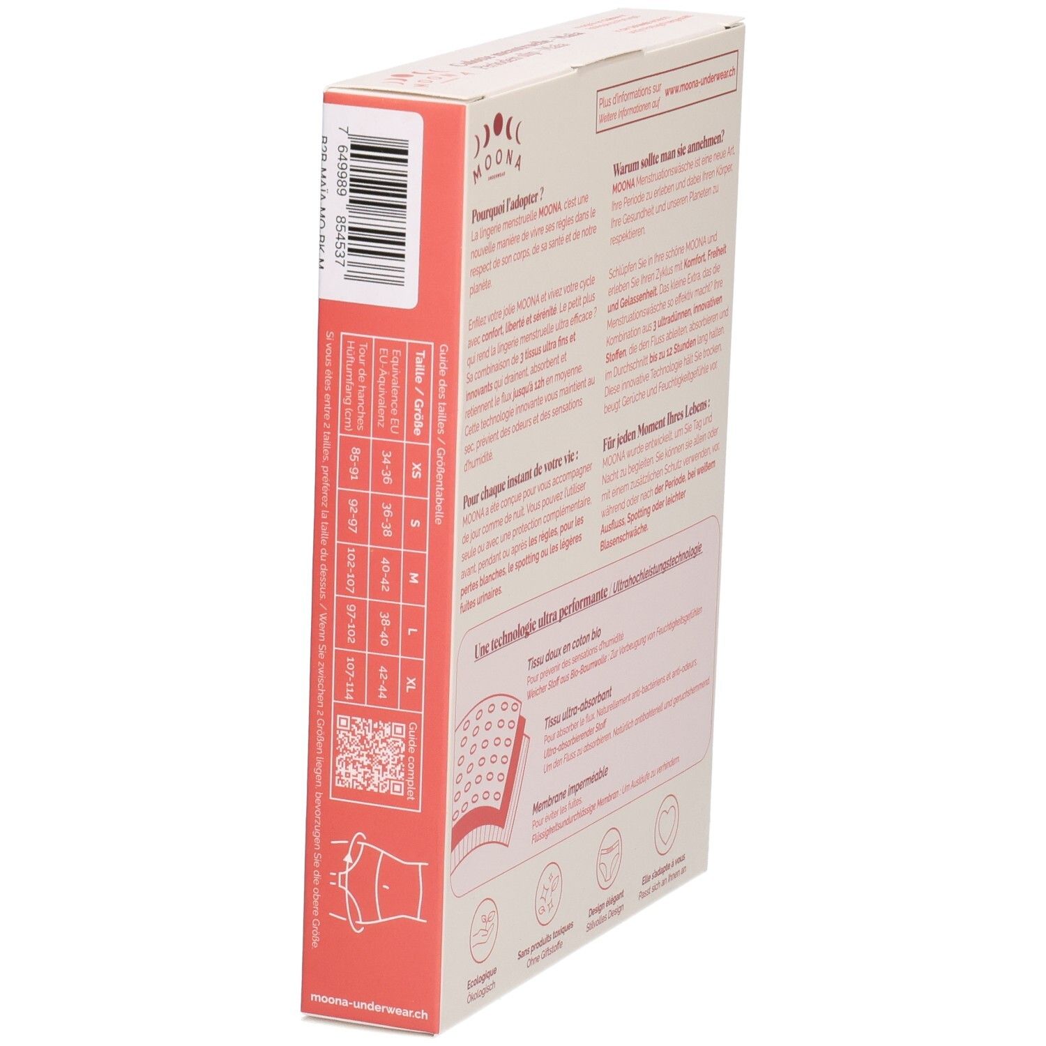 Seite der Verpackung MOONA Menstruationsslip Maïa. Größenangaben. Text: Produktinformationen. QR-Code. Illustration: Slip.