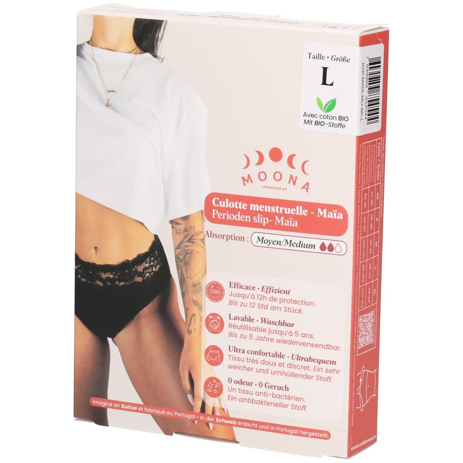 Verpackung der MOONA Menstruationsslip Maïa, Größe L. Aufdrucke: Produktname, Größe, Logo, Eigenschaften, Zertifizierungen.
