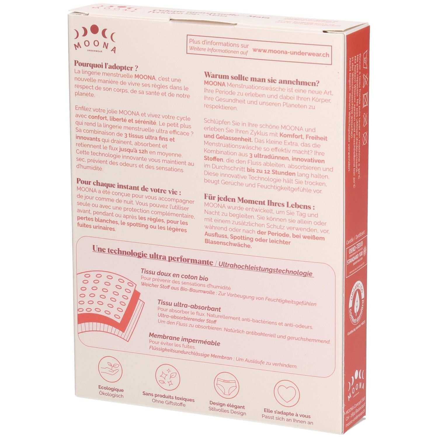Rückseite der MOONA Menstruationsslip Maïa Verpackung. Text über Vorteile, Technologie und Materialien. Logo und Zertifizierungen.