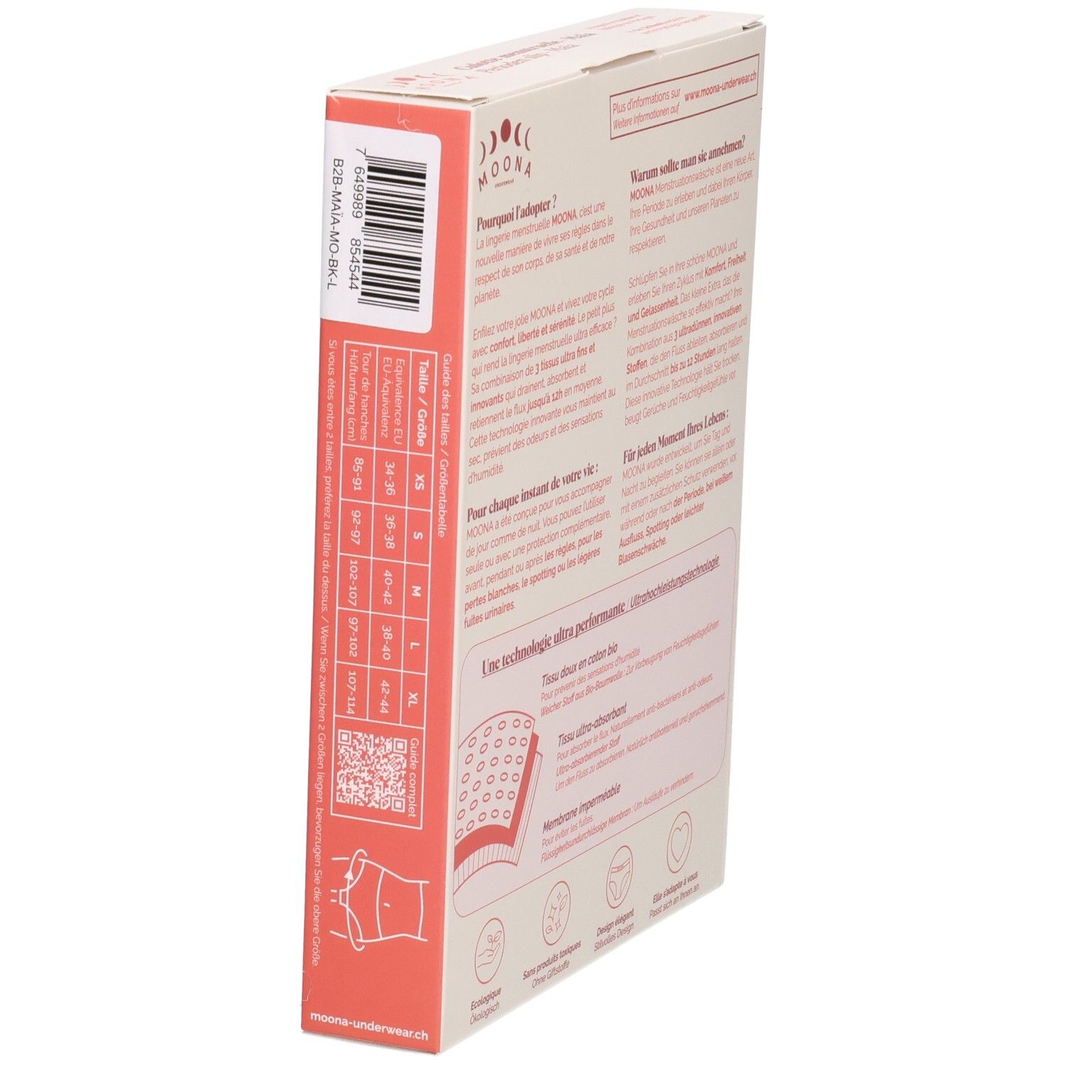 Seitenansicht der MOONA Menstruationsslip Maïa Verpackung. Größenangaben, QR-Code und Produktinformationen.