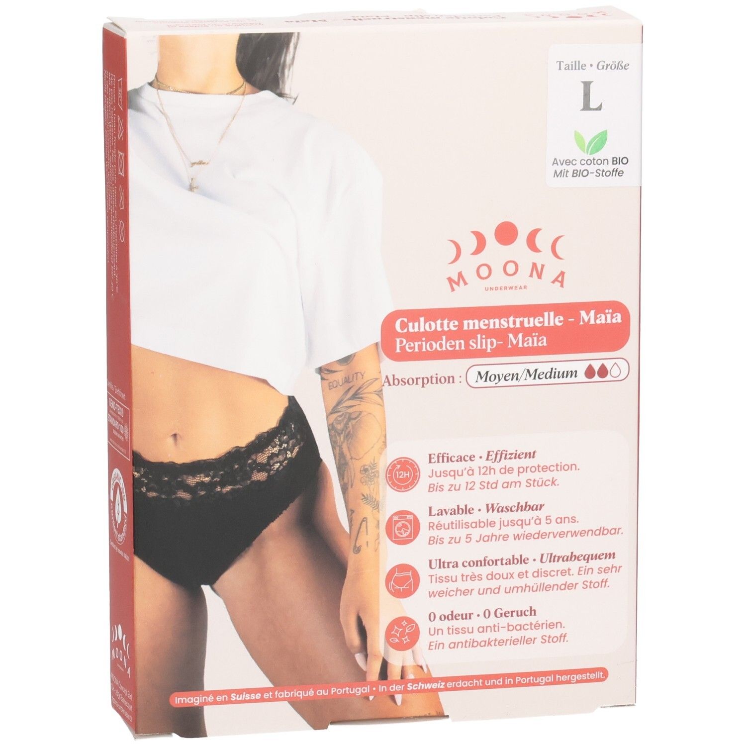 Vorderseite der MOONA Menstruationsslip Maïa Verpackung, Größe L. Produktabbildung, Logo, Größenangabe und Eigenschaften.