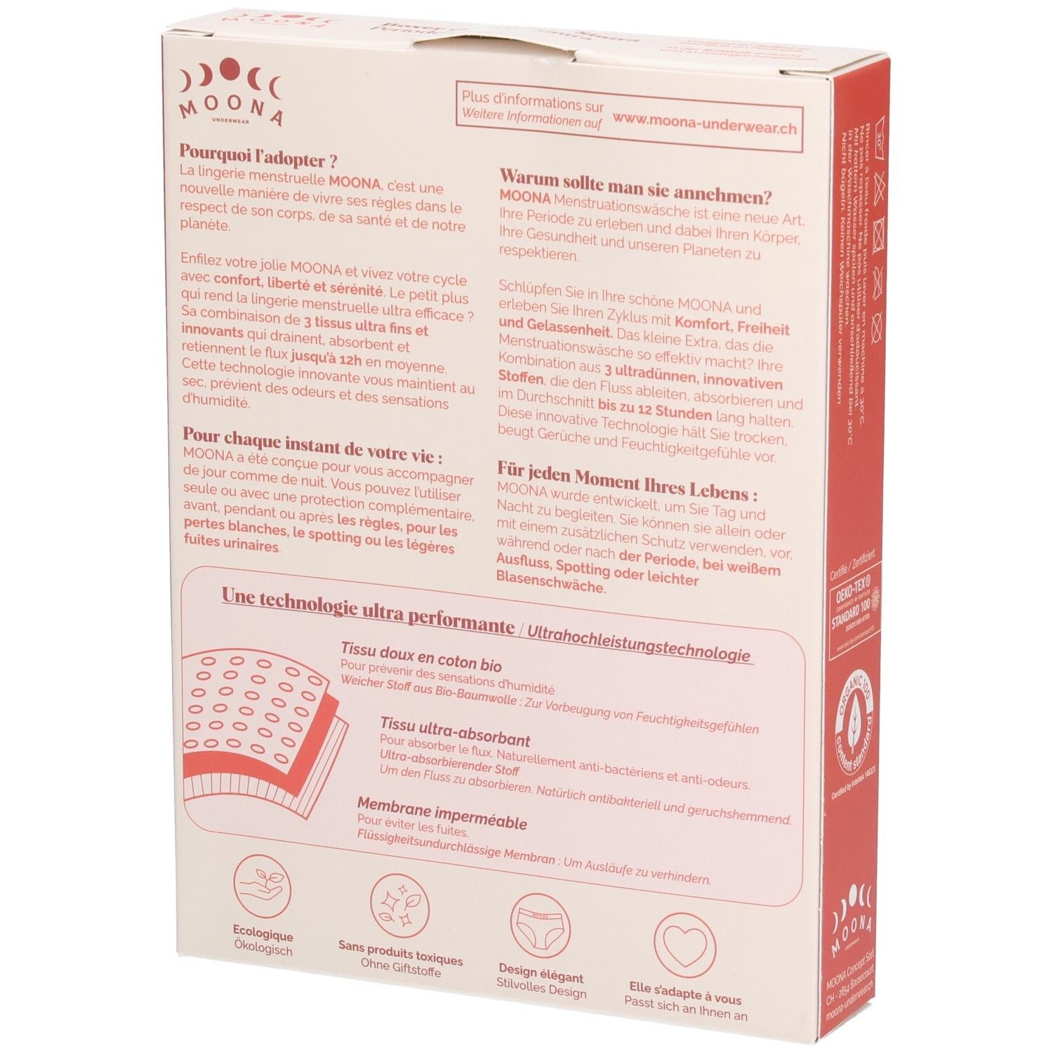 Rückseite der Verpackung. Informationen zu MOONA-Boxern. Ultra-absorbierend. Ökologisch. Waschbar.