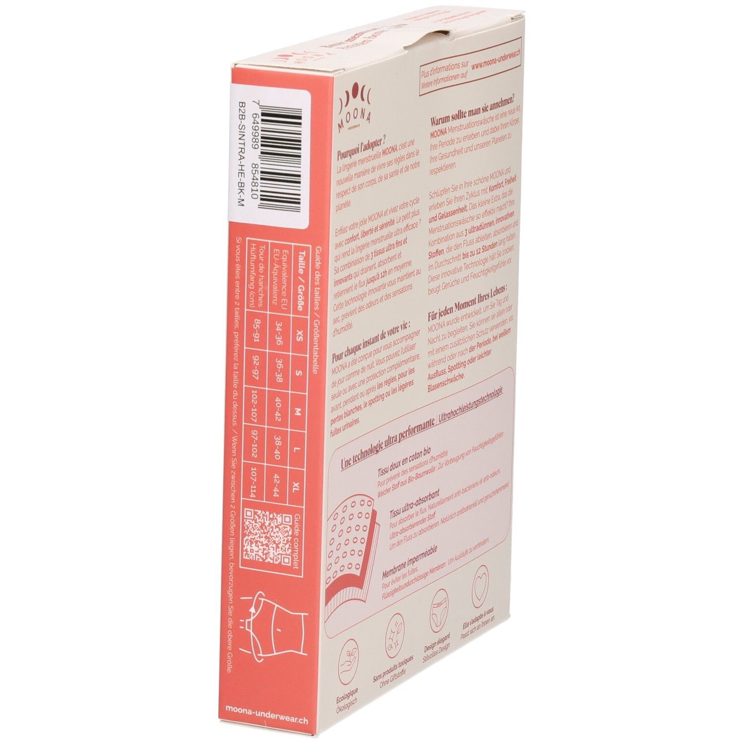 Verpackung, Seitenansicht. Größenangaben. MOONA-Boxer. QR-Code. Waschbar. Ökologisch.