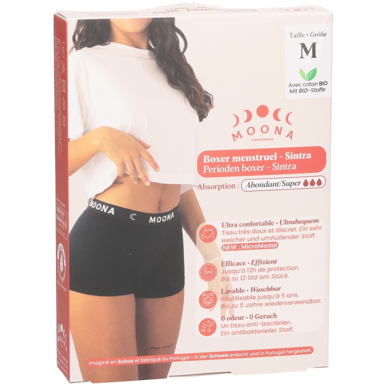 Boxer Sintra, Größe M, in Verpackung. Schwarzer Stoff, MOONA-Logo. Mit Bio-Baumwolle. Für starken Fluss.