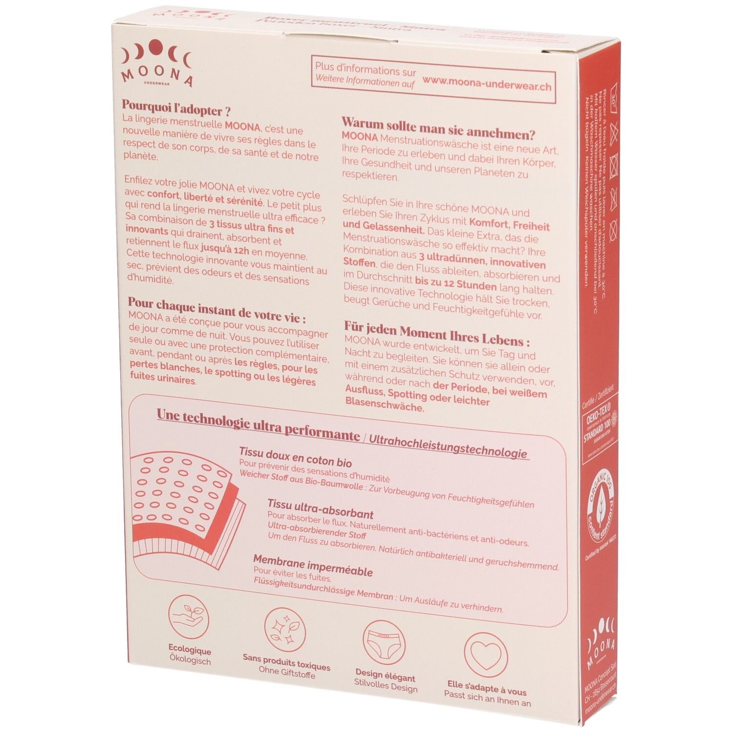 Rückseite der Verpackung. Text über Vorteile, Technologie und Materialien. Illustrationen. MOONA-Logo.