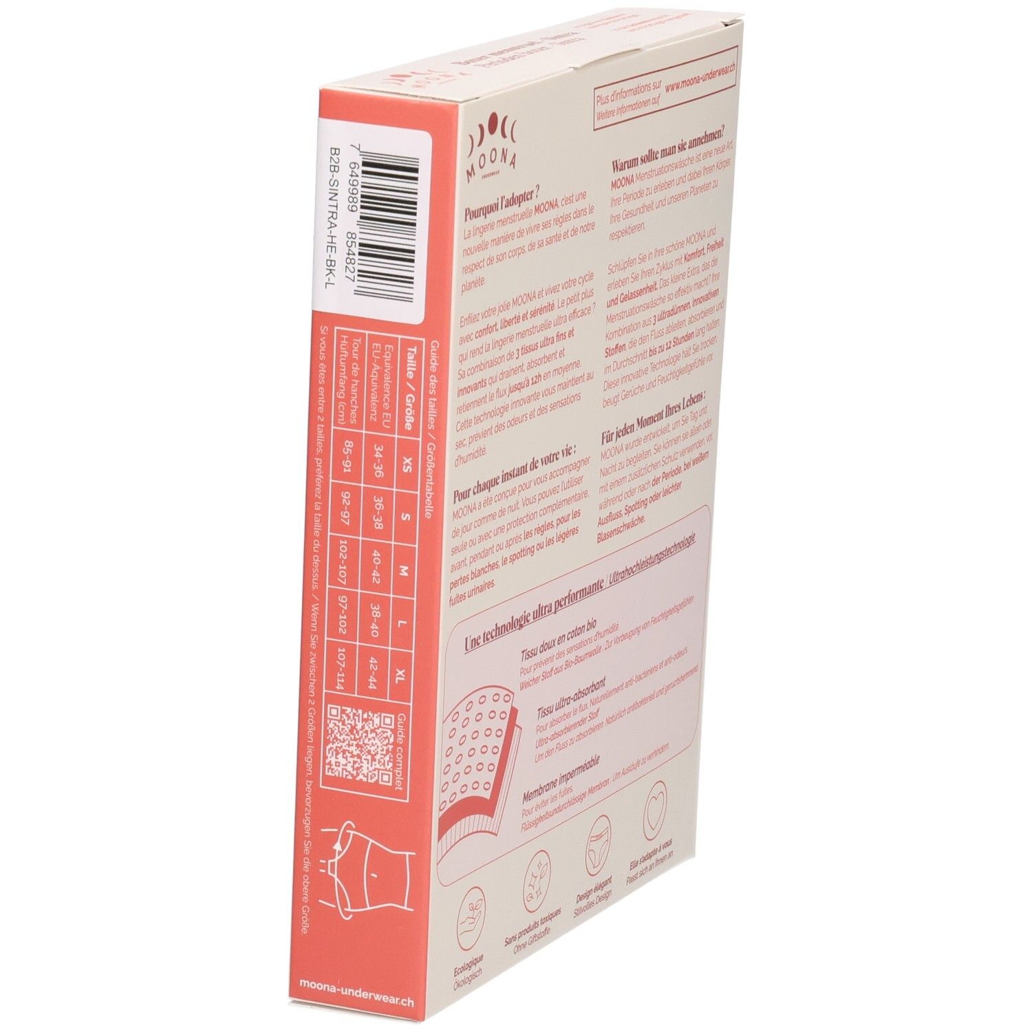 Verpackung im Profil. Text, Größenangaben, QR-Code. Illustration des Produkts. MOONA-Logo.