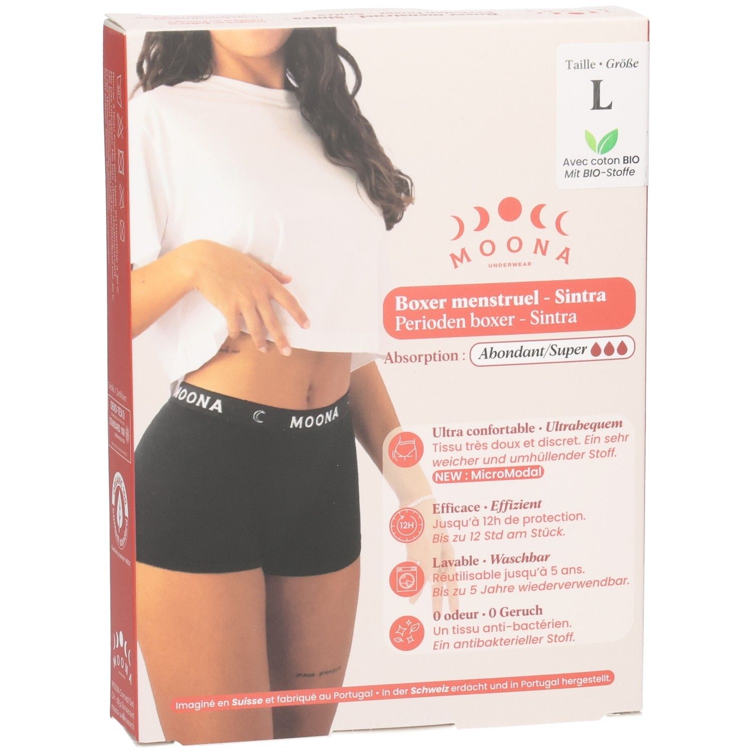 Verpackung mit Menstruationsboxer. Größe L. Schwarzer Boxer mit MOONA-Schriftzug. Produktname, Eigenschaften.