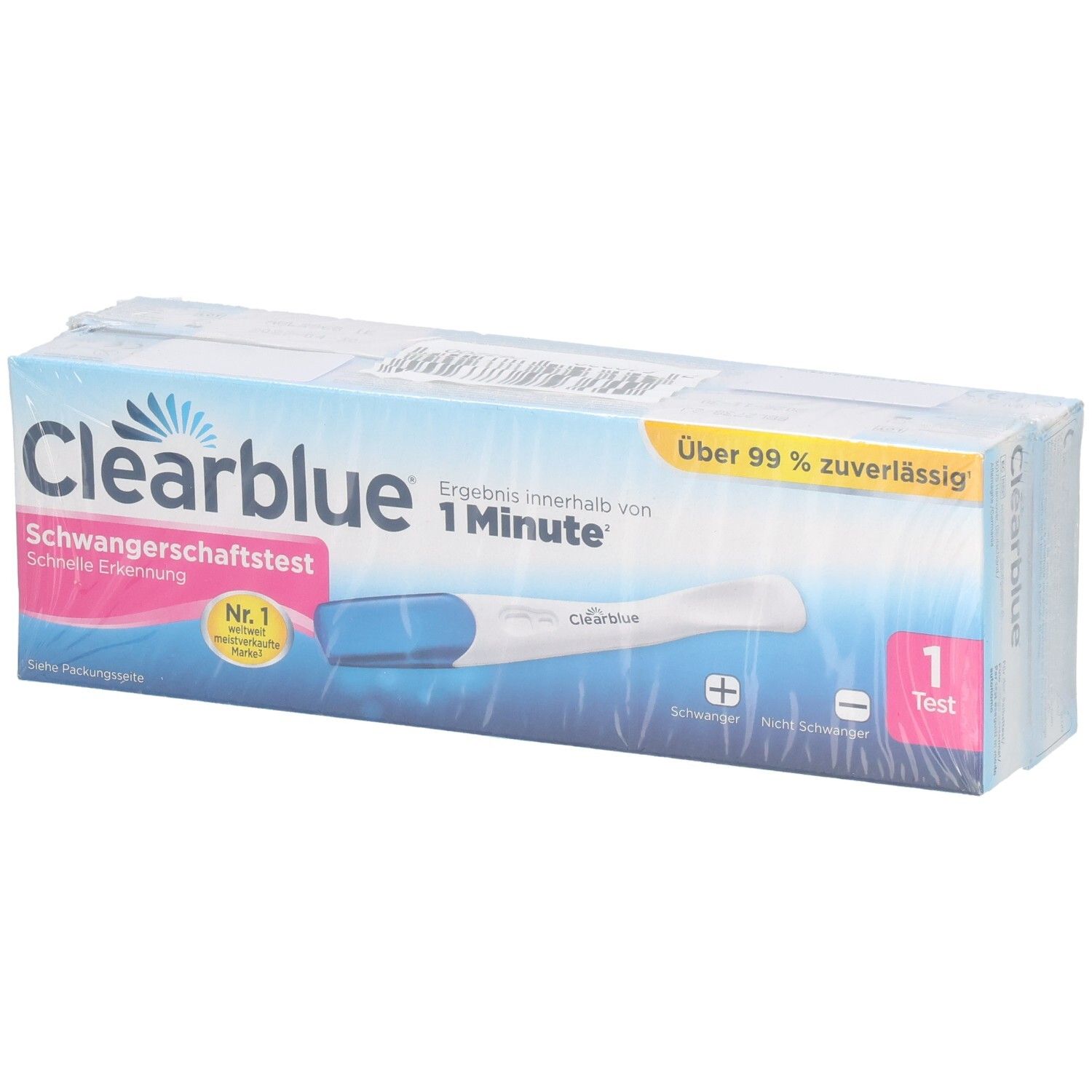 Verpackung von Clearblue Schwangerschaftstest. Blaue und weiße Schachtel mit Teststreifen-Abbildung. Text: Schwangerschaftstest, 1 Test.