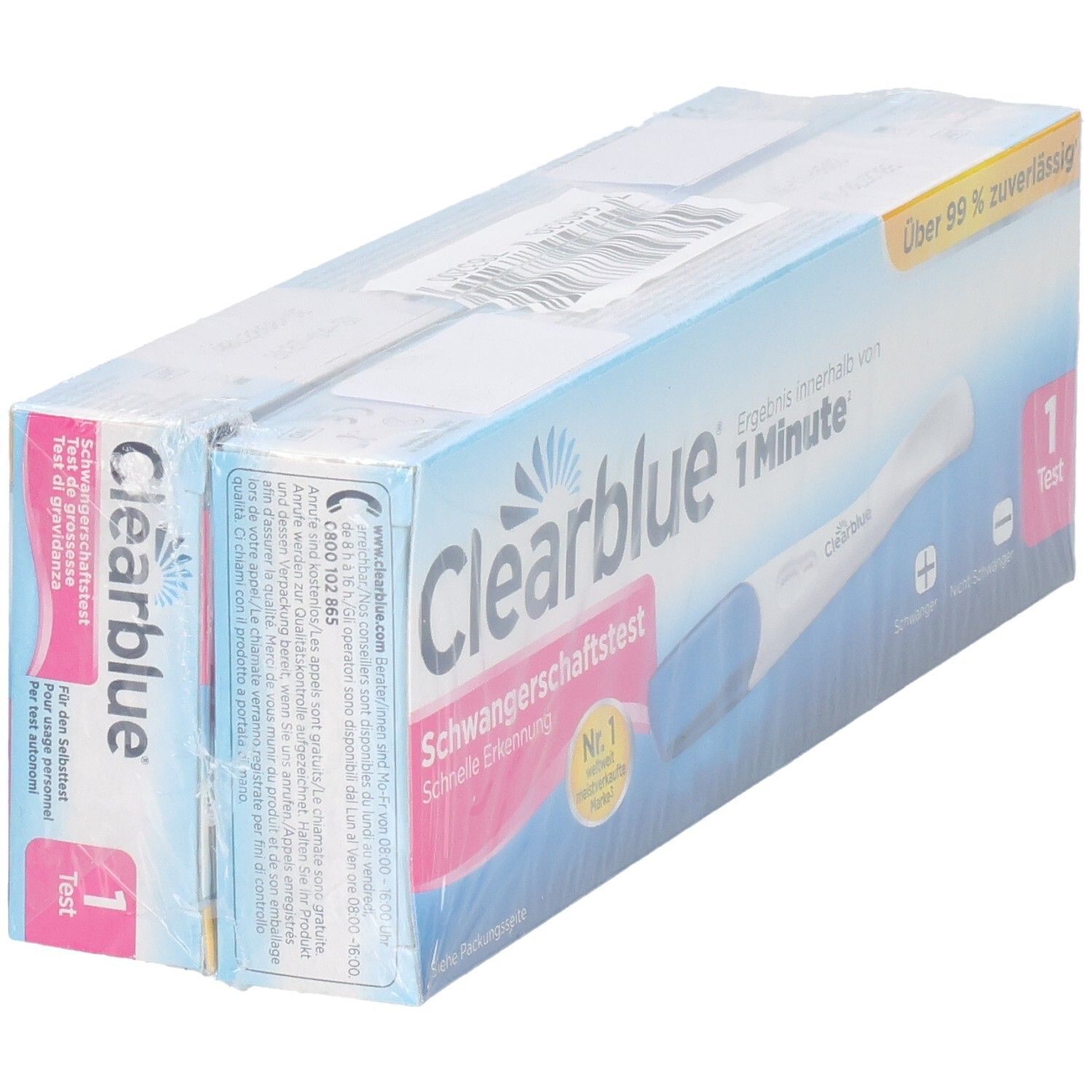 Zwei verpackte Clearblue Schwangerschaftstest-Packungen. Blaue und weiße Schachteln mit Teststreifen-Abbildung. Text: Schwangerschaftstest, 1 Test.