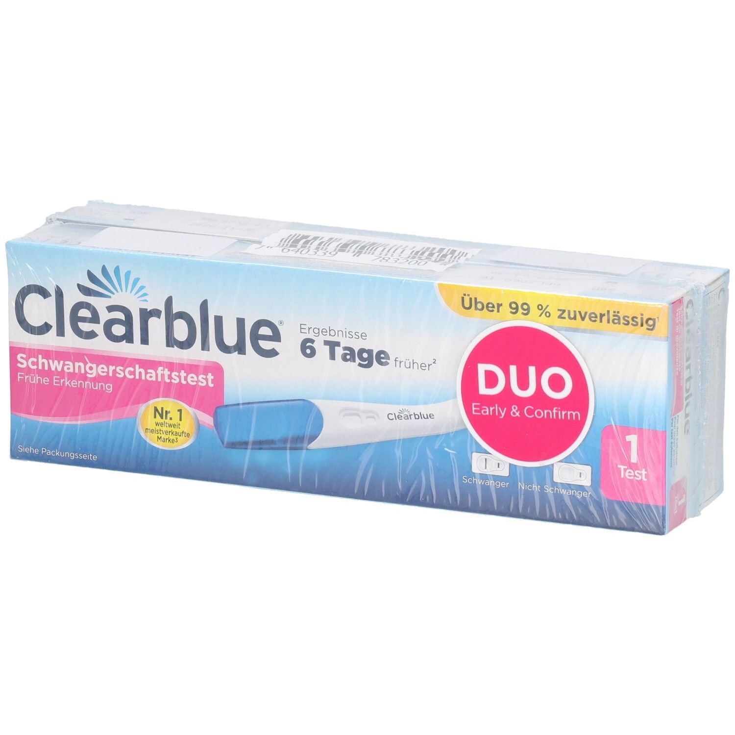 Verpackung von Clearblue Duo Schwangerschaftstest. Blaue und weiße Schachtel mit Teststreifen-Abbildung. Text: Schwangerschaftstest, 1 Test.