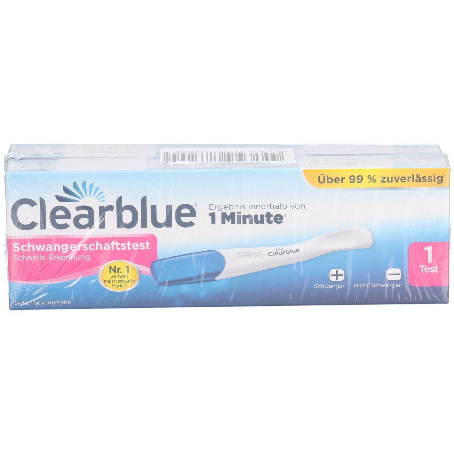 Verpackung von Clearblue Schwangerschaftstest. Blaue und weiße Schachtel mit Teststreifen-Abbildung. Text: Schwangerschaftstest, 1 Test. Ergebnis in 1 Minute.