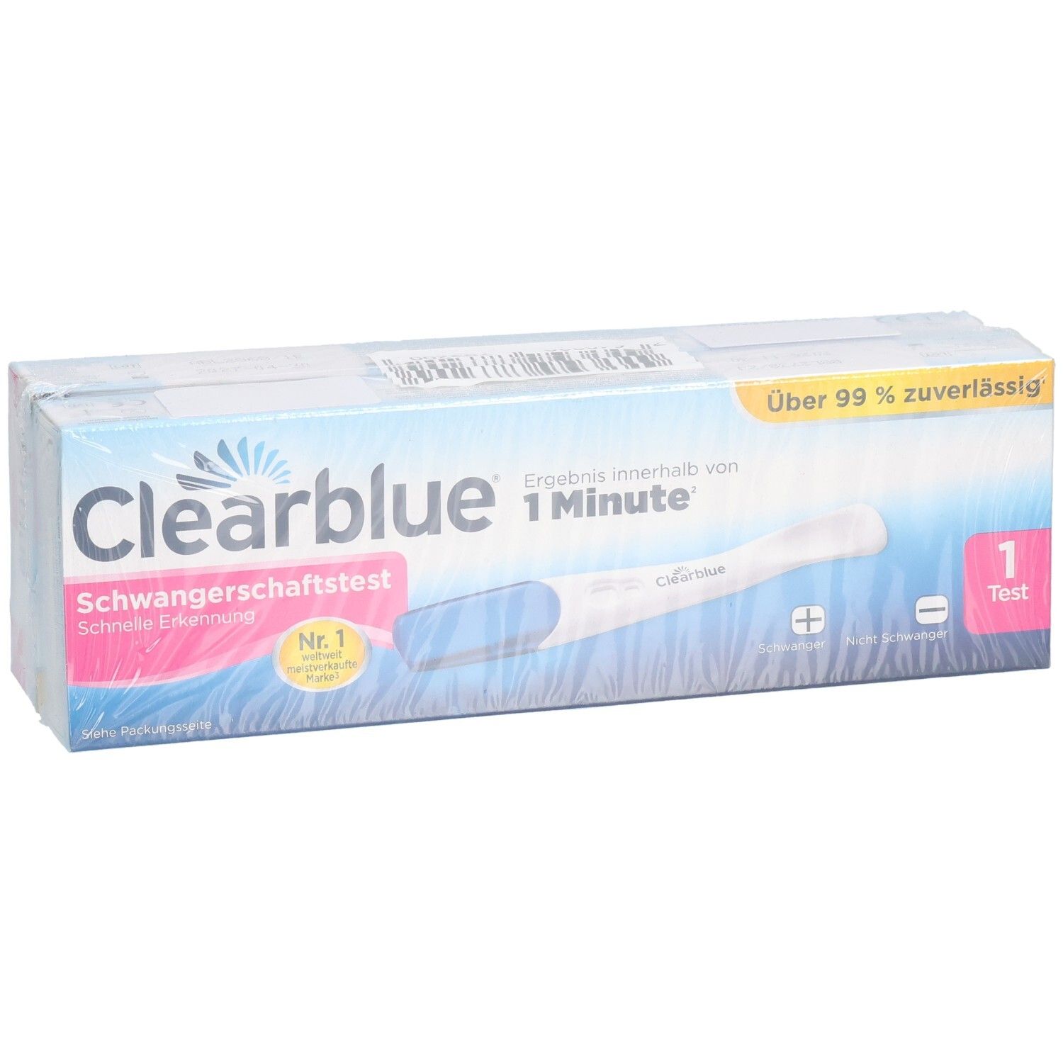 Verpackung von Clearblue Schwangerschaftstest. Blaue und weiße Schachtel mit Teststreifen-Abbildung. Text: Schwangerschaftstest, 1 Test. Frühe Erkennung.